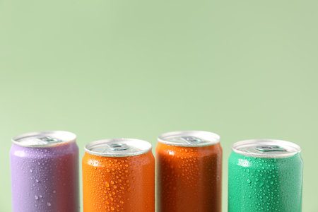 Colorful aluminum cans of beverage on pale green background, closeupの写真素材