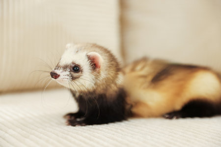 Cute ferret lying on sofa. Domestic petの写真素材