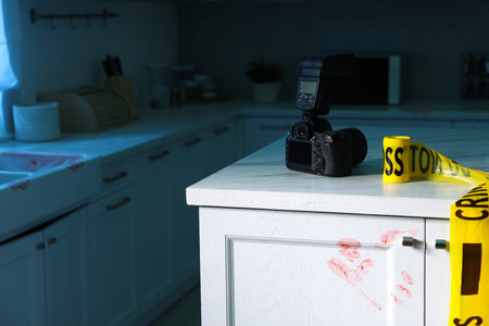Camera, yellow crime scene tape and bloody handprint on chest of drawers in kitchen. Forensic...