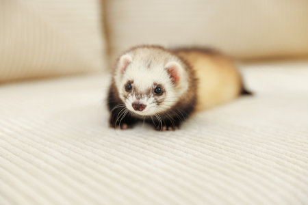 Cute ferret lying on sofa. Domestic petの写真素材