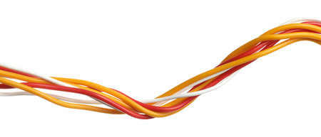 Many colorful electrical wires on white background