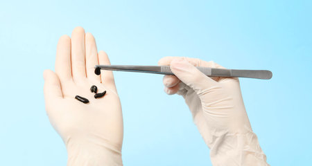 Woman holding medicinal leech with tweezers on light blue background, closeupの写真素材