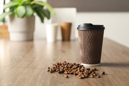 Paper cup and coffee beans on wooden table indoors. Mockup for designの写真素材