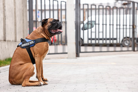 Cute service dog in vest sitting on city street. Space for textの写真素材