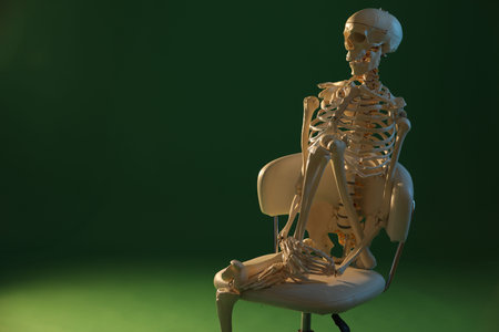 Artificial human skeleton model sitting on chair against green background, space for textの写真素材