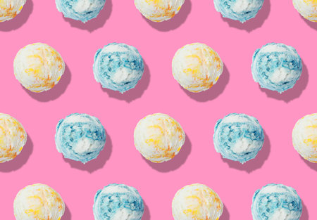 Tasty ice cream, scoops of different flavors on pink background, pattern designの写真素材