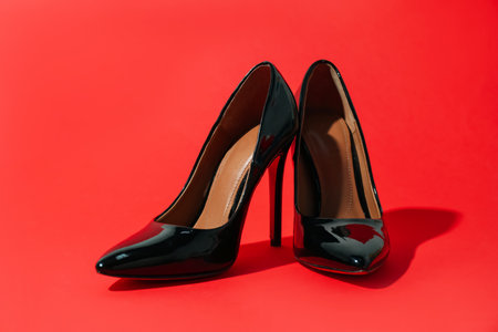 Black high heeled shoes on crimson backgroundの写真素材
