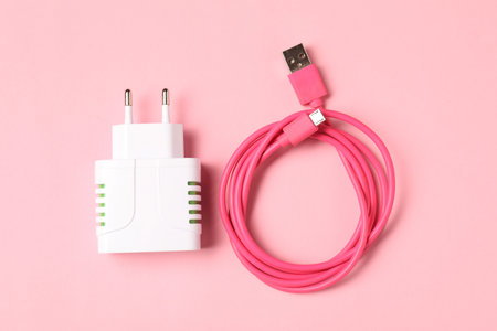 USB power adapter and charge cable on pale pink background, flat layの写真素材