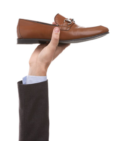 Man with stylish shoe on white background, closeupの写真素材