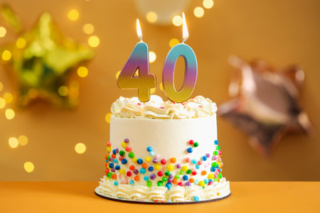 40th birthday. Cake with burning number shaped candles on table against blurred background with lights, closeup. Bokeh effectの写真素材