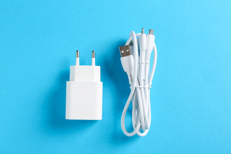 USB power adapter and triple charge cable on light blue background, flat lay