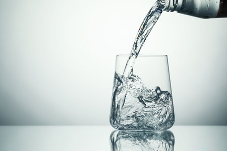 Pouring refreshing soda water from bottle into glass on light grey background, closeup. Space for...