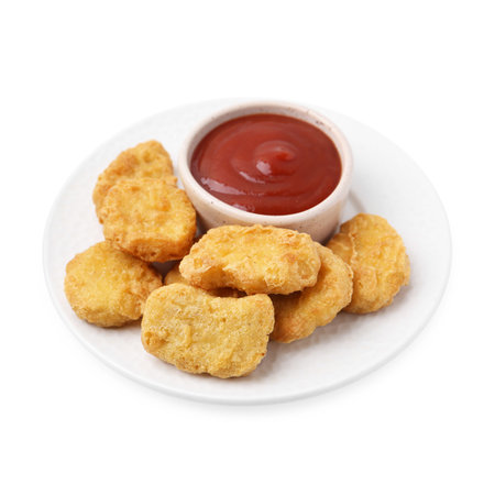 Tasty chicken nuggets with sauce isolated on whiteの写真素材