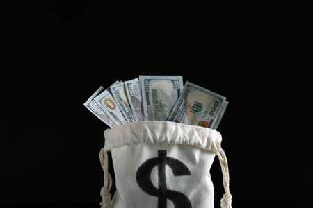 Dollar banknotes in burlap sack on black background, closeupの写真素材
