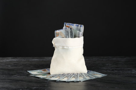 Burlap sack with dollar banknotes on grey tableの写真素材