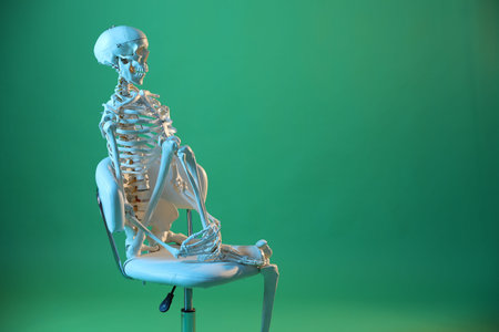 Artificial human skeleton model sitting on chair against green background, space for textの写真素材