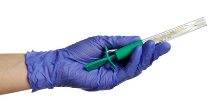 Doctor in medical glove holding thermometer on white background, closeup
