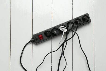 Extension power board with plugs on white wooden floor, top viewの写真素材