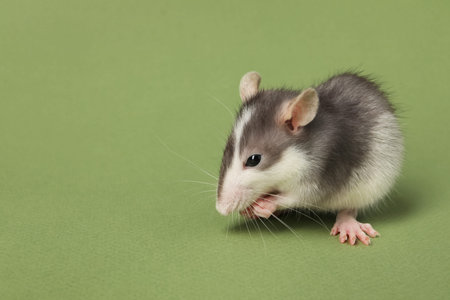 Cute rat on green background, closeup. Space for textの写真素材