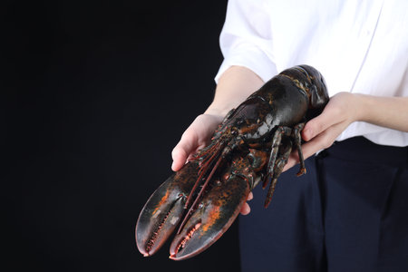 Woman with raw lobster on black background, closeup. Space for textの写真素材