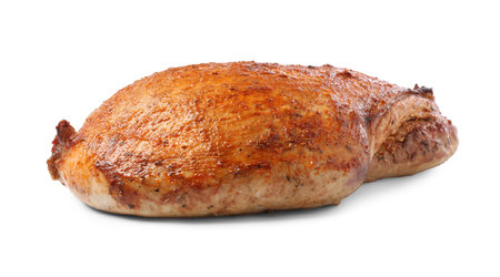 Piece of delicious baked turkey isolated on whiteの写真素材