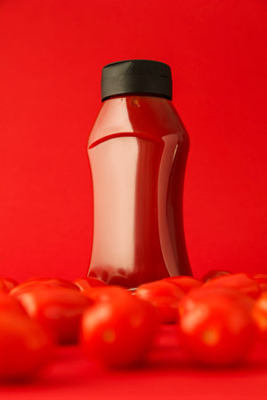 Bottle of ketchup and tomatoes on red backgroundの写真素材