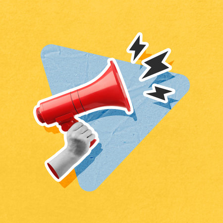 Lightning bolts flying out of megaphone in woman's hand on color background, creative art collage. Special occasion, announcement, sale or rumorsの写真素材