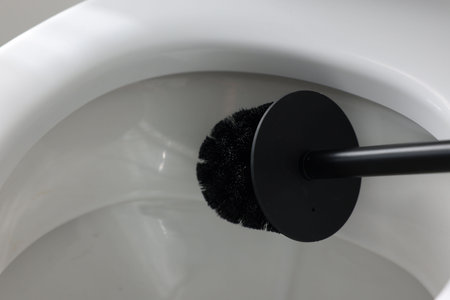 Cleaning toilet bowl with black brush, closeupの写真素材