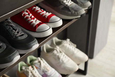 Shoe storage. Shelving unit with different footwear indoors, closeupの写真素材