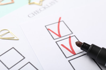 Checklist with marked checkboxes and marker on light blue background, closeup