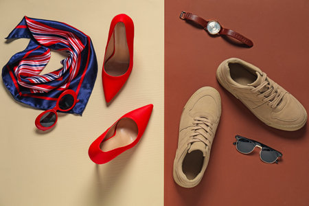 Different stylish shoes, scarf, sunglasses and wristwatch on color background, flat layの写真素材
