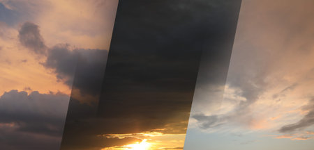 Beautiful sky lit by sunrise or sunset, collage of different photos. Banner design