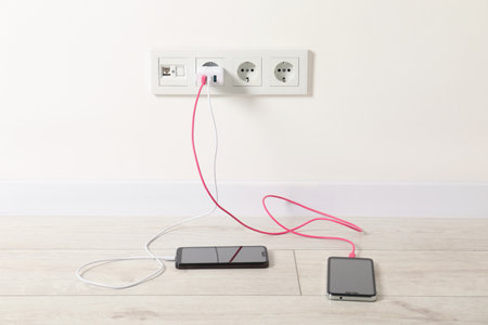 USB adapter with cables plugged into electric socket charging different devices indoorsの写真素材