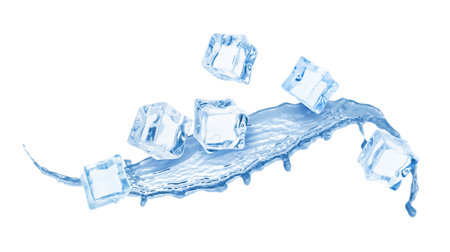 Ice cubes and splashing water on white backgroundの写真素材