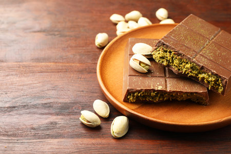 Pieces of tasty chocolate with pistachios and knafeh on wooden table, closeup. Space for textの写真素材
