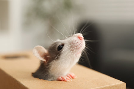 Adorable little rat peeking out of box indoors, closeupの写真素材
