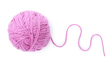 Ball of violet yarn isolated on white, top viewの写真素材