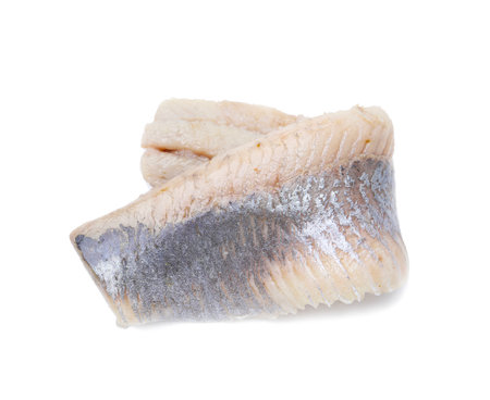 One marinated herring fillet isolated on white, above viewの写真素材