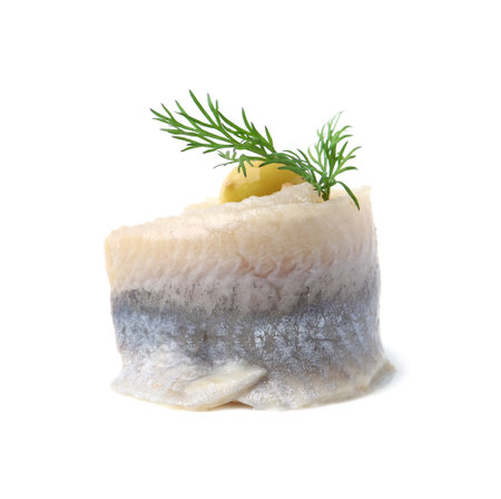 Delicious herring roll with olive and dill on white backgroundの写真素材