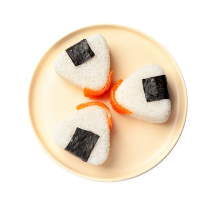Tasty onigiri (Japanese rice balls) isolated on white, top view