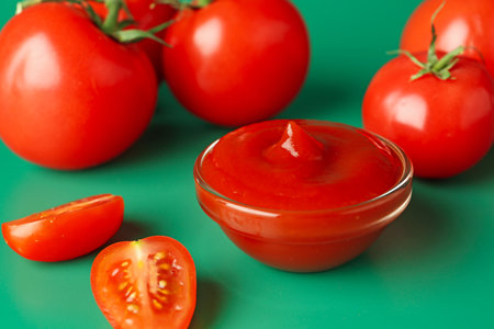 Tasty ketchup and fresh tomatoes on green background, closeupの写真素材