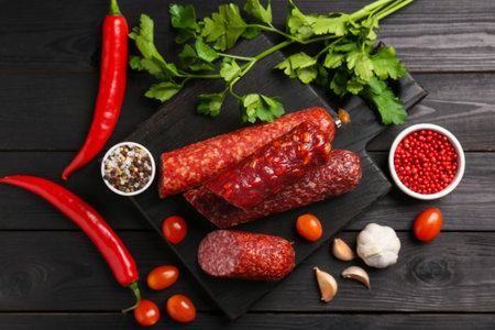 Different smoked sausages and products on black wooden table, flat layの写真素材
