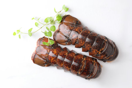 Raw lobster tails and microgreens on white marble table, flat layの写真素材