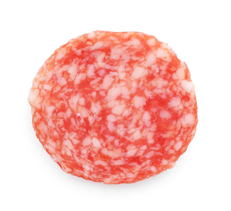 One slice of tasty smoked sausage on white background, top viewの写真素材