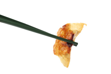 Holding tasty fried gyoza (dumpling) on white backgroundの写真素材