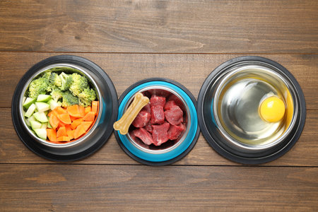Natural pet food and chew bone in feeding bowls on wooden table, flat layの写真素材