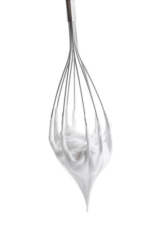 Whisk with delicious cream isolated on white