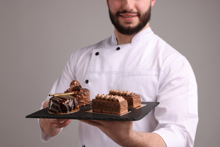 Happy confectioner in uniform holding chocolate desserts on light grey background, closeupの写真素材
