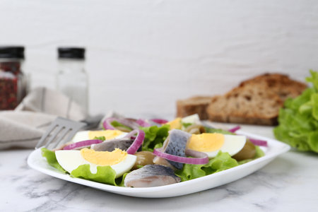 Delicious salad with herring, egg and vegetables on white marble table, closeupの写真素材
