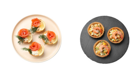 Tasty tartlets with different delicious fillings isolated on white, top viewの写真素材